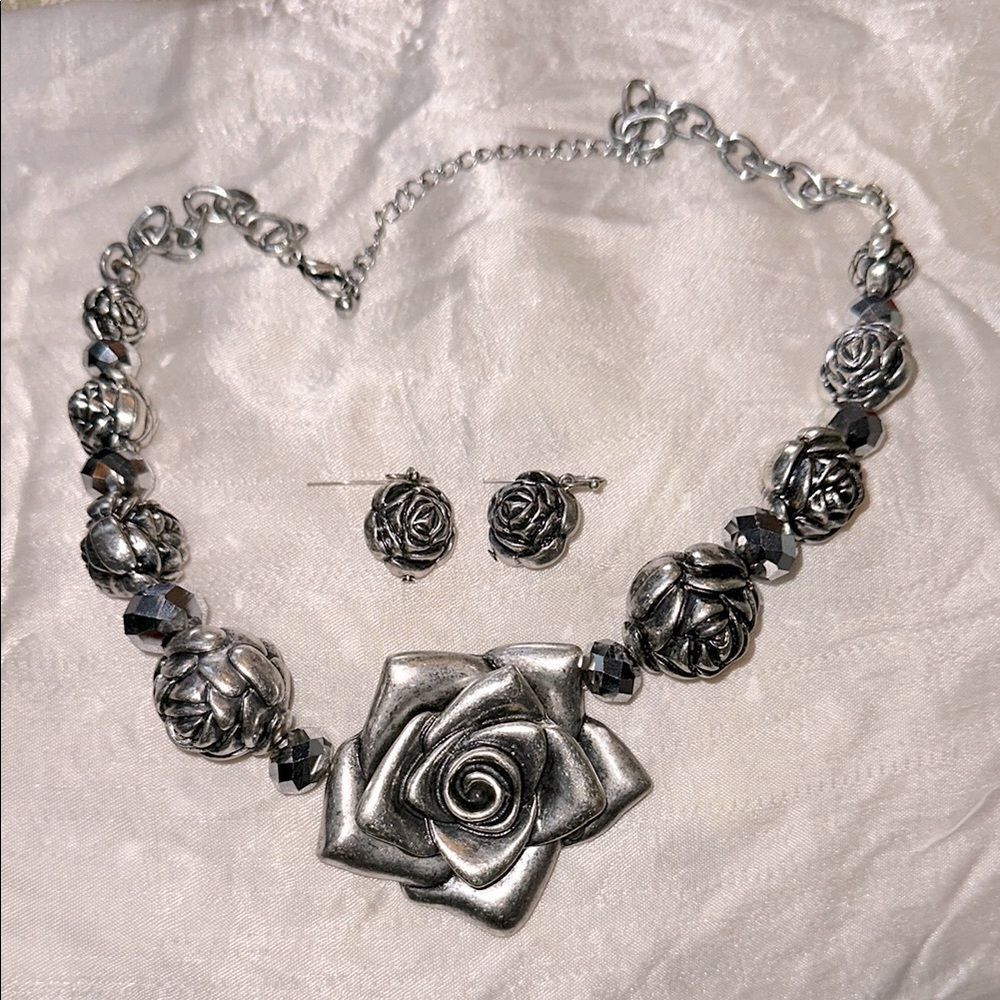 Silver Tone Rose Drop Earrings & Necklace Set - Picture 1 of 3
